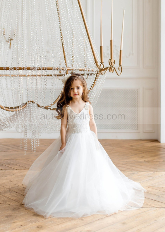 Ivory V Back Floor Length Flower Girl Dress